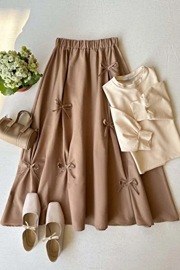 Ceylan Otantik Cream 2 Yarn Crop & Caramel Bow Skirt Set