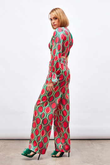 Sateen Fuchsia Patterned Loose Trousers - Front Drawstring