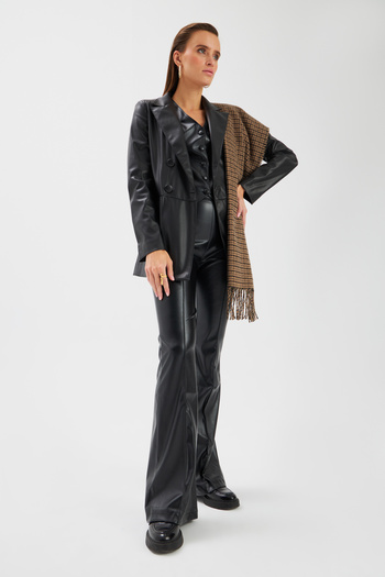 Sateen Flared Leg Leather Trousers - Black