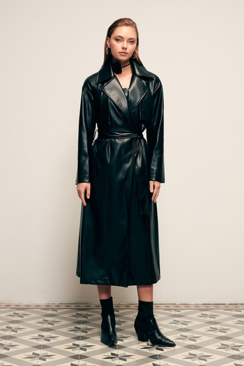 Sateen Long Belted Leather Trench - Black