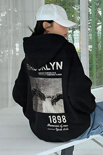 Millionaire Kadın Siyah 1898 Baskılı Baskılı 3 Iplik Şardonlu Kapüşonlu Oversize Salaş Bol Kesim Hoodie Sweatshi