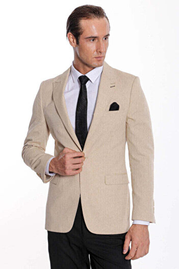 Wessi Slim Fit Sivri Yaka Bej Erkek Ceket - Wessi