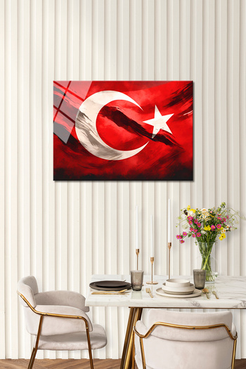 BV DEKOR TÜRK BAYRAĞI CAM TABLO-AY YILDIZ TÜRKİYE BAYRAĞI DEKORATİF CAM TABLO-DEKORATİF EV TABLO-OFİS HEDİYE