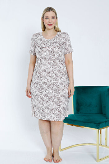 Lagertha by İntensive stretchy viscose, stretchy piping - print short-sleeved nightgown plus size