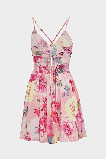 Açelya Okcu Gipe Detailed Cut Out Floral Patterned Mini Strap Women's Dress