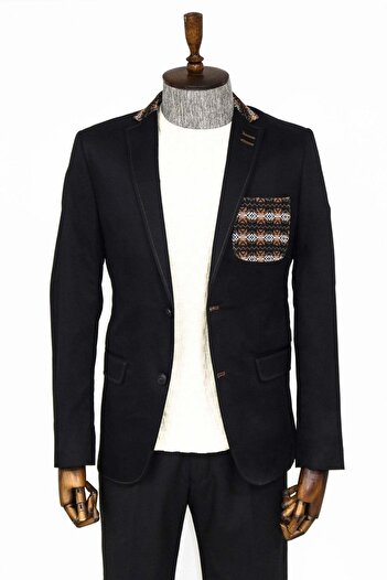 Wessi Black Men's Knitted Collar Jacket - Double Button - Wessi