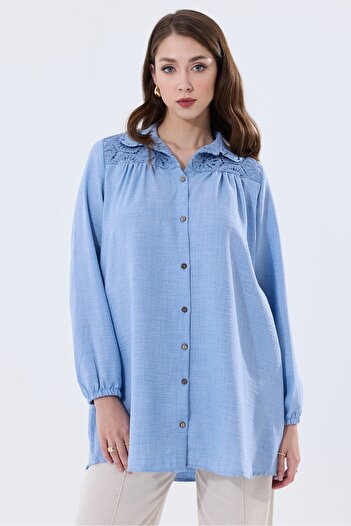 MD trend Kadın Dantel Detaylı Oversize Keten Gömlek Tunik