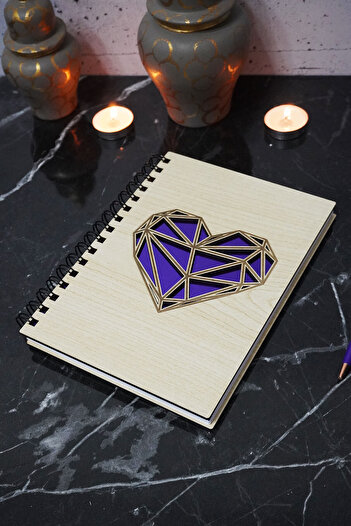 markcat A5 Memory Patterned Heart Notebook - Wooden Cover, Unlined, Daily Agenda