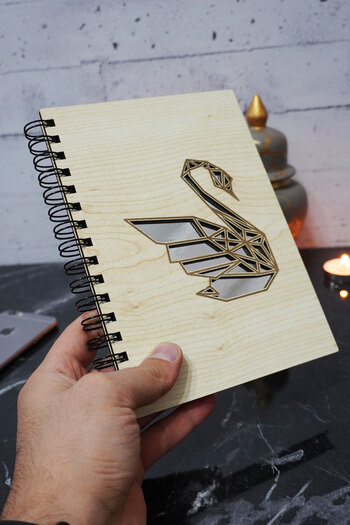 markcat Wooden Covered Swan Figured Daily Notebook - Unlined Agenda - A5 Memory Book