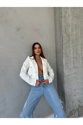 1Moda1Tarz Women's White Mom Jeans Woven Jacket Lined Stone and Tassel Combination Design Bottom-Top Suit