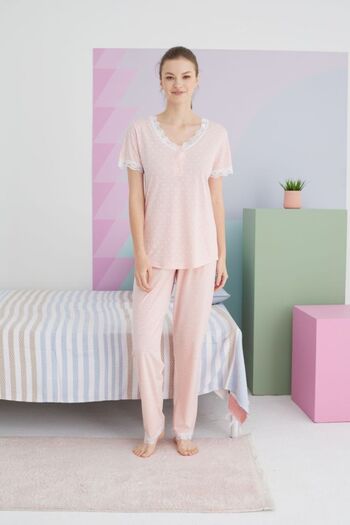 tusem butik homewear V-Neck Lace Polka Dot Short Sleeve Women's Pajamas Set