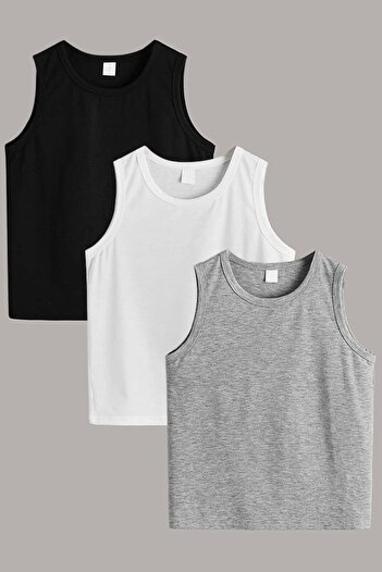 MADALİNA Boy 95% Cotton Gray Navy Blue White 3-Piece Undershirt