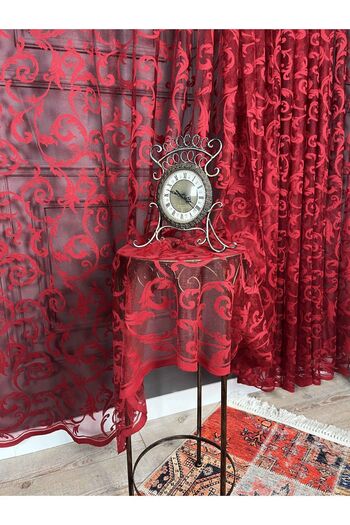 Evdepo Home Crown Pleatless Flat Sewing, Extraphore Drawstring, Tulle Curtain Single Wing - Red