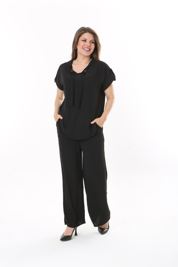 xlargebutik Plus Size Stylish and Comfortable Flexible Fabric - KraVat Collar Black Set