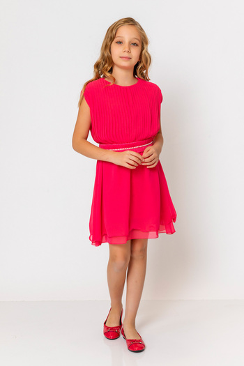 incity Girl's Round Neck Belted Pleated Dress