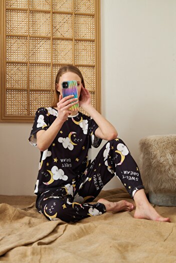 Cesur Women's Short Sleeve Pajama Set BlackMoon