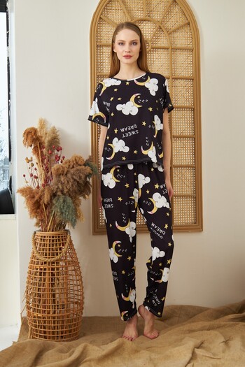 Cesur Women's Short Sleeve Pajama Set BlackMoon