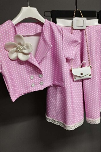 Riccotarz Girl's Polka Dot Button Detailed Pink Skirt Suit