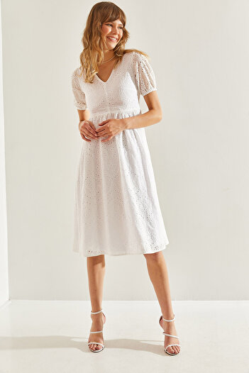 Bianco Lucci V-Neck Short Sleeve Lined Guipure Women's Dress -60251098