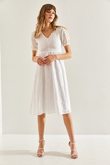 Bianco Lucci V-Neck Short Sleeve Lined Guipure Women's Dress -60251098