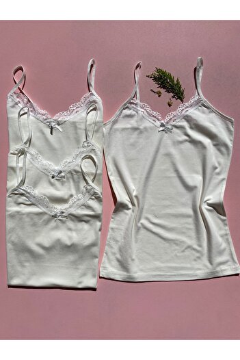 LEYNA BUTİK Women's Ecru Color 4 Pack Cotton Rope Strap Undershirt