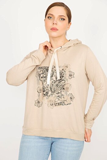 Şans Women's Mink Large Size Hooded Print and Stone Detailed Sweatshirt 65n35944