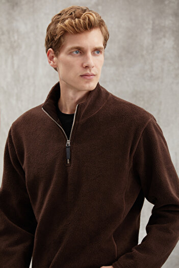GRIMELANGE Ανδρικό μισό φερμουάρ Hayes Fleece με Δερμάτινα Αξεσουάρ Χοντρή υφή Άνεση Εφαρμογή Bitter Brown Fleece