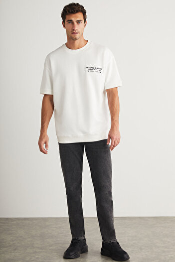 GRIMELANGE Brendan Men's Crew Neck 100% Cotton Ecru T-shirt with Embroidery and Print Detail
