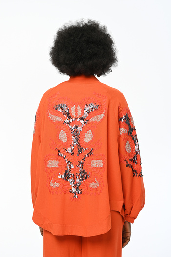 Orfeo Negro Embroidery Sequined Women's Kimono Jacket Suitable for Plus Size and Hijab - Back and Sleeve Embroidered
