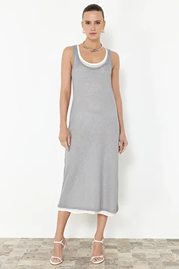 Trendyol Collection Gray Straight Shift Double Layer Single Plate Maxi Dress TWOSS24EL00969