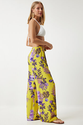 Happiness İstanbul Women's Yellow Purple Patterned Flowy Viscose Palazzo Trousers EN00606