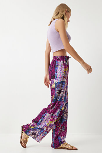 Happiness İstanbul Women's Plum Ecru Patterned Draped Viscose Palazzo Trousers EN00606