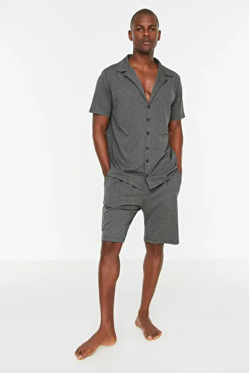 Trendyol Collection Anthracite Relaxed Fit Shirt γιακά Πλεκτό Σετ καλοκαιρινές πιτζάμες με σορτς THMSS21PT0446