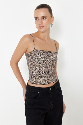 Trendyol Collection Καφέ Leopard Printed Askaria Crop Top Πλεκτή Μπλούζα με Μαξιλάρι