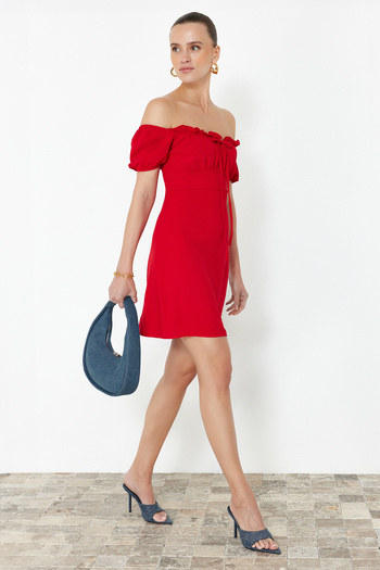 Trendyol Collection Madonna Collar Red Crepe Mini Dress - TWOSS24EL00874