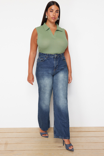 Trendyol Curve High Waist Wide Leg Blue Denim Trousers - TBBSS24CJ00047