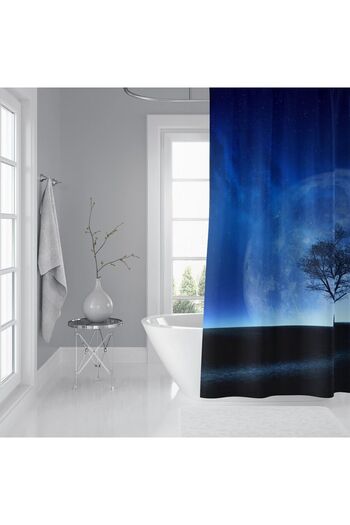 Tropikhome Banyo Duş Perdesi Ay Desen Manzaralı Dijital Baskılı Banyo Perdesi, Tek Kanat C Halkalı-180x200 cm