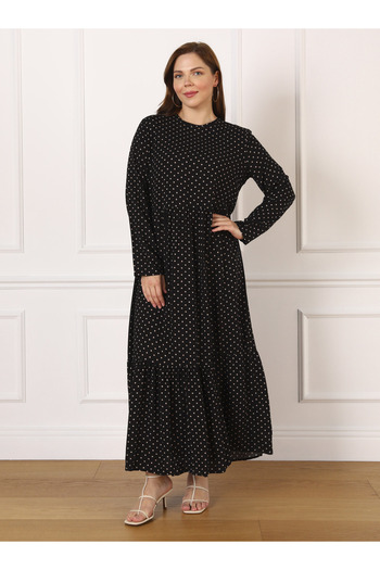 ALİA Plus Size Natural Fabric Polka Dot Patterned Hijab Dress - Black - Beige - Alia