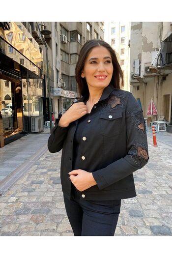 SGS Le Viva Stoned Tulle Detailed Black Jeans Jacket