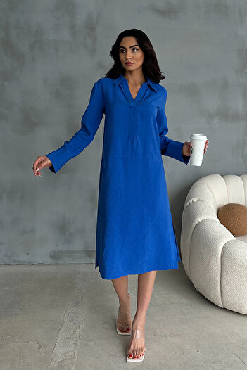 Ortaya Çık Blue Polo Collar Modal Fabric Midi Dress