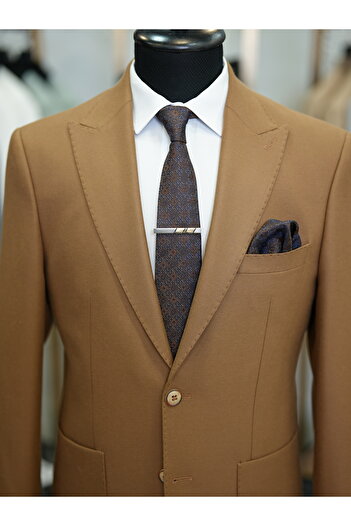 LONATOLİA Ανδρικό κοστούμι σε ιταλικό στυλ Slim Fit - Μισό επενδεδυμένο, ραμμένο με πουντό, τσέπες με τσάντα, καμέλ