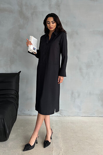 Ortaya Çık Black Polo Collar Modal Fabric Midi Dress