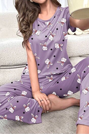 Cesur Women's Short Sleeve Pajama Set PurpleRabbit