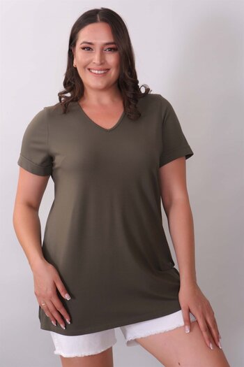 SERTUĞ V-Neck Basic Khaki Blouse