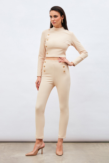 Sateen Button Detailed Trousers - Beige