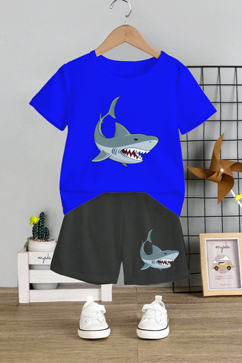 MYADA Shark Printed Children's Set - Crew Neck, Elastic Shorts, Set of 2 12490