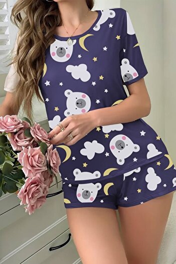 Cesur Women's Short Sleeve Shorts Set PurplePolarBear3