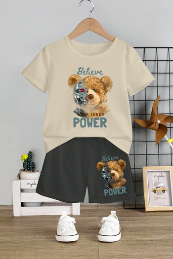 MYADA Believe Power Robot Bear Printed 2-Piece Kids Set - Crew Neck, Elastic Shorts, 12687