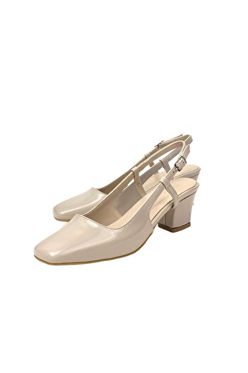 bescobel Beige Patent Leather Round Toe Sandals - Open Back, Low Heel 5 Cm 112