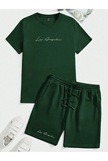 Hunors Sportswear & Company Ανδρικό σετ μπλουζάκι και σορτς Green Oversize Los Angeles Printed - Crew Neck